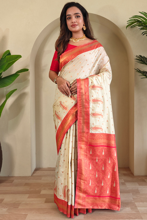Light Beige Weaved Silk Blend Paithani Style Saree 