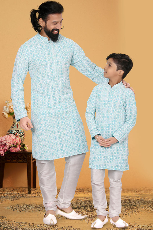 Light Blue Cotton Father Son Duo Kurta With Churidar
