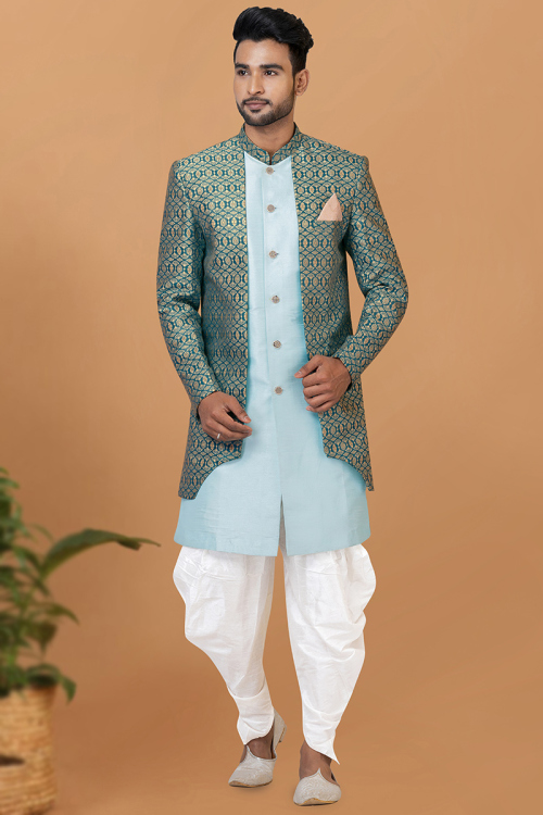 Light Blue Dupion Silk Jacket Style Men's Sherwani With Dhoti 