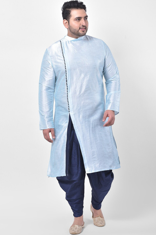 Light Blue Dupion Silk Men Kurta With Dhoti 