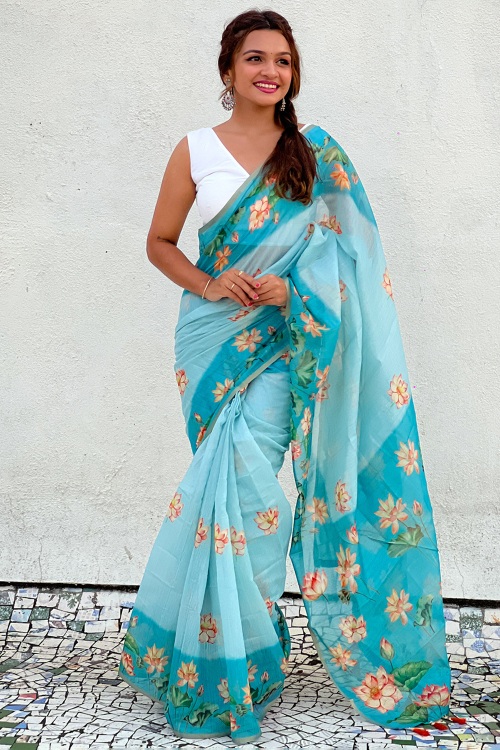 Light Blue Floral Printed Chanderi Cotton Saree