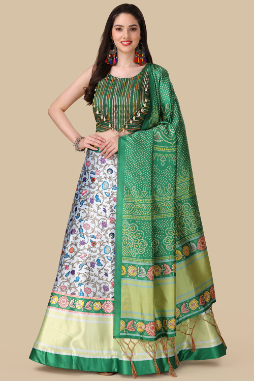 Green Silk Lehenga with Halter Neck Blouse in Resham & Sequins Work