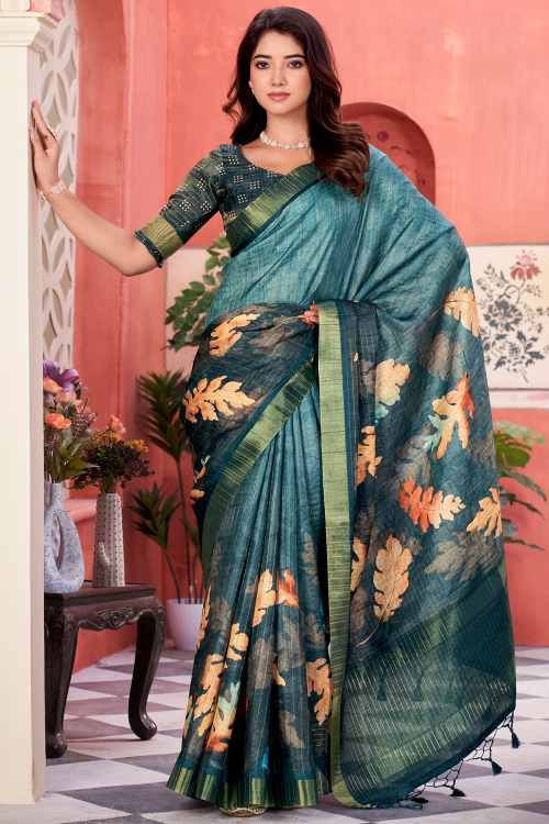 Light Blue Soft Silk Saree With Printed Work For Casual Wear
