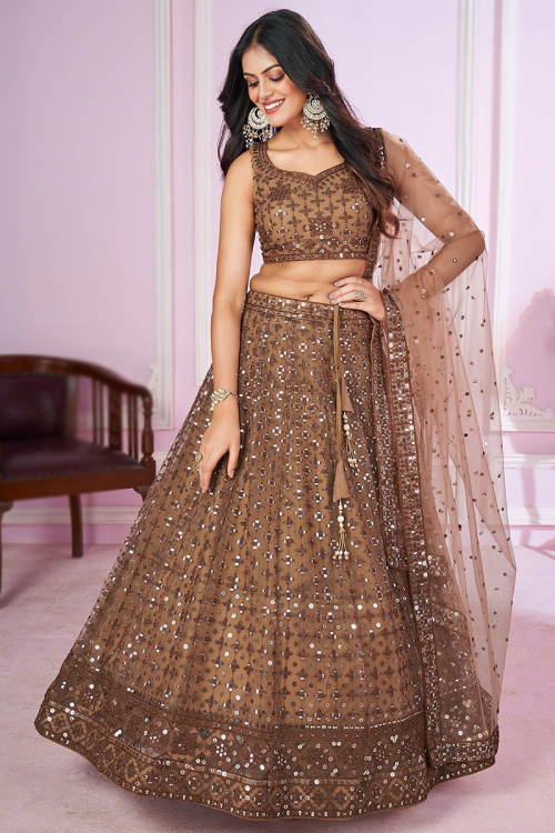 Light Brown Sequins Embroidered Net Panelled Lehenga