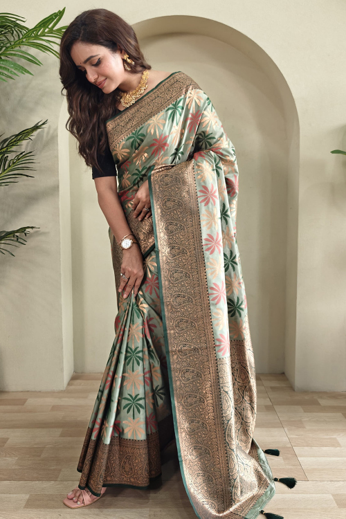Light Green Art Silk Broad Border Saree With Weaved Work