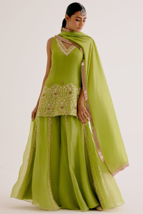 Light Green Linen Dori Embroidered Sharara Suit for Wedding Wear