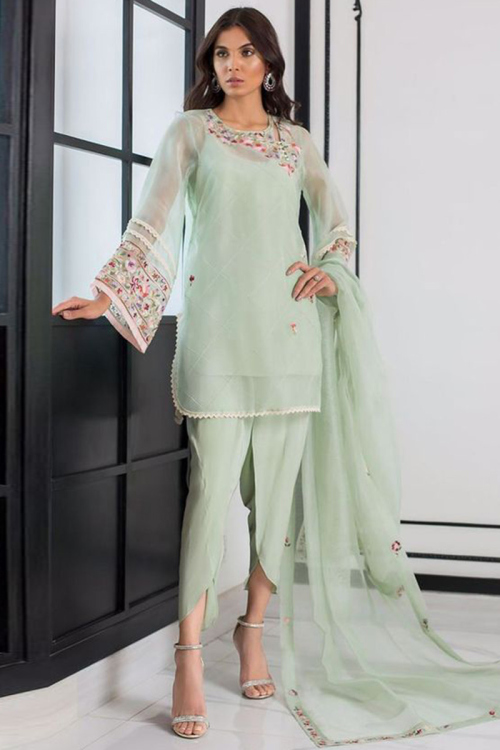 Light Green Organza Hip Length Wedding Trouser Salwar Kameez