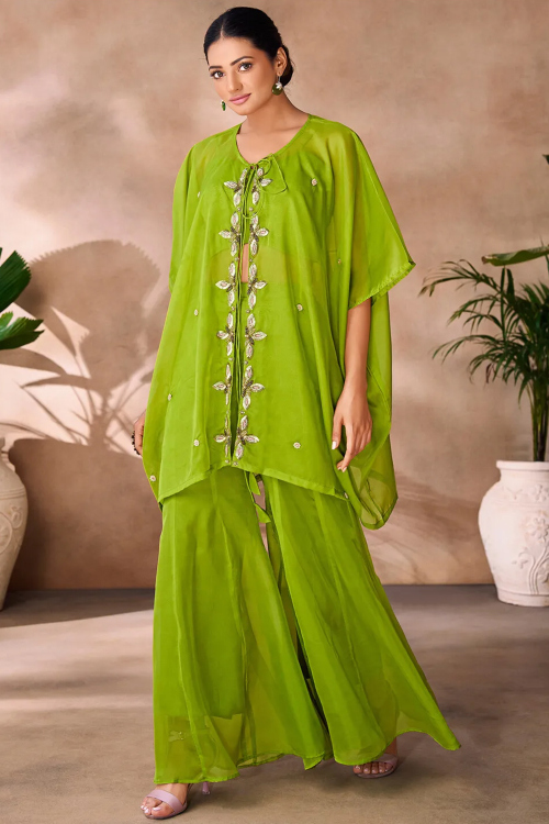 Light Green Organza Indo-Western Palazzo Suit with Sequins for Party