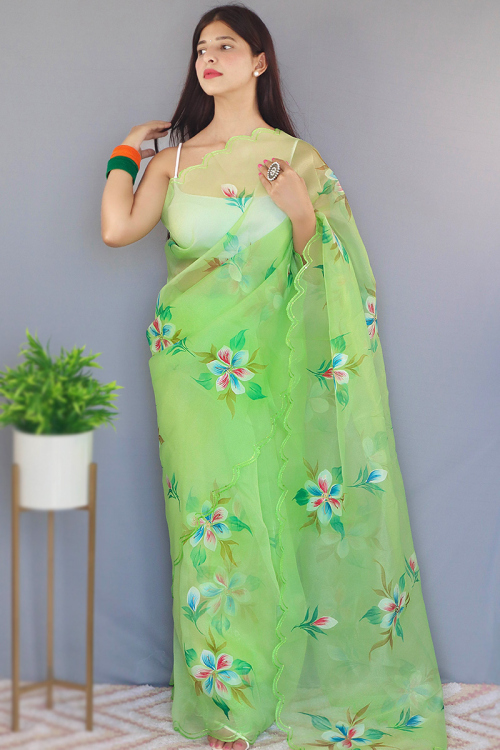 Light Green Organza Printed Floral Saree