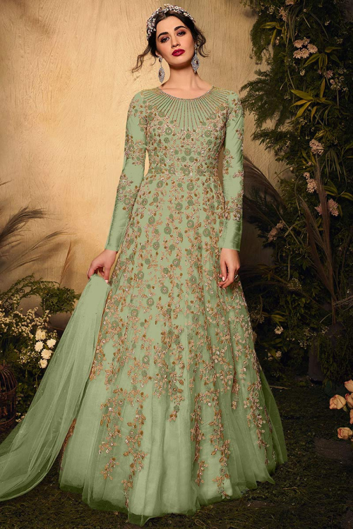 Eid Light Green Thread Embroidered Bridal Anarkali Suit