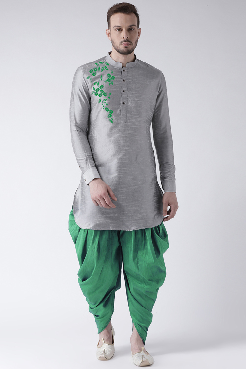 Light Grey Dupion Silk Embroidered Straight Cut Men&#039;s Kurta Dhoti