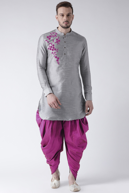 Light Grey Dupion Silk Embroidered Straight Cut Men&#039;s Kurta Dhoti
