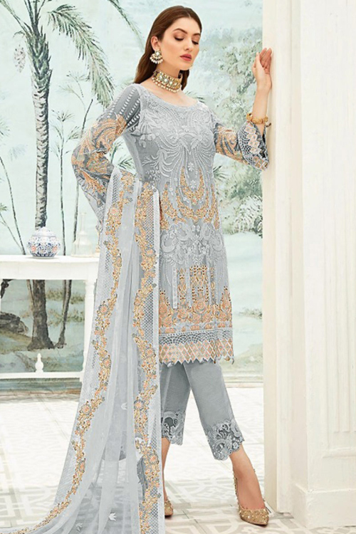 Light Grey Georgette Embroidered Trouser Suit