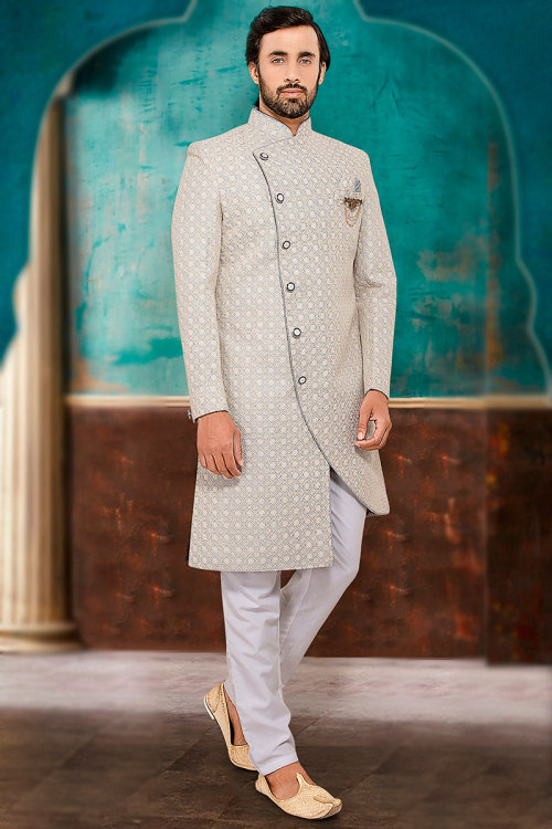 Light Grey Jacquard Embroidered Men Sherwani