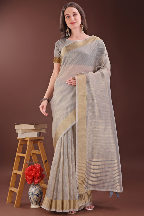 Light Grey Kota Doria Saree With Woven Zari Work For Diwali