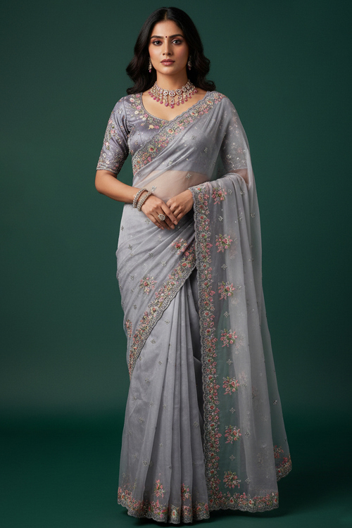Light Grey Organza Embroidered Light Weight Saree 