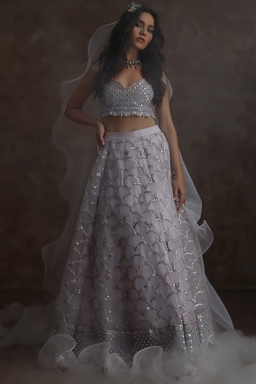 Light Grey Organza Mirror Work Embroidered Wedding Lehenga