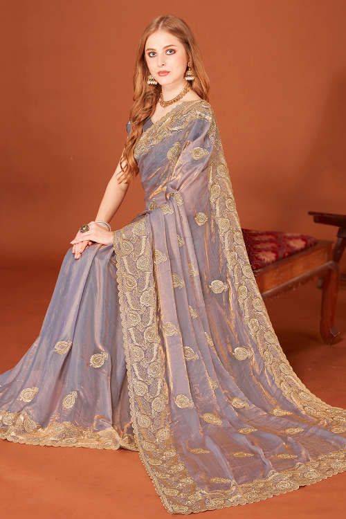 Light Grey Organza Silk Embroidered Shimmer Saree For Festival
