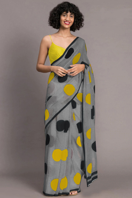 Light Grey Printed Chanderi Saree