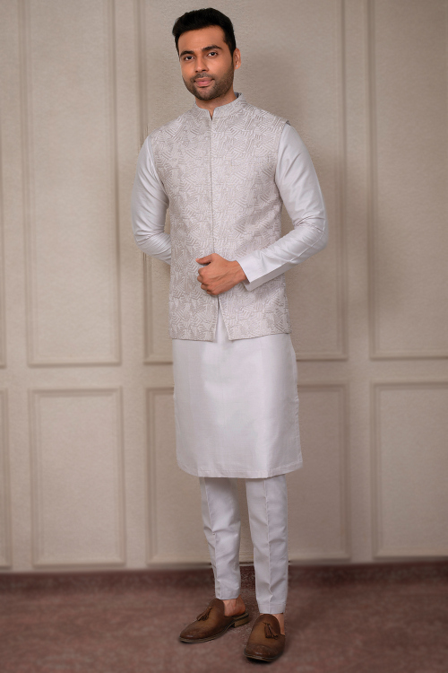 Light Grey Silk Men's Jacket Style Plain Kurta Pajama