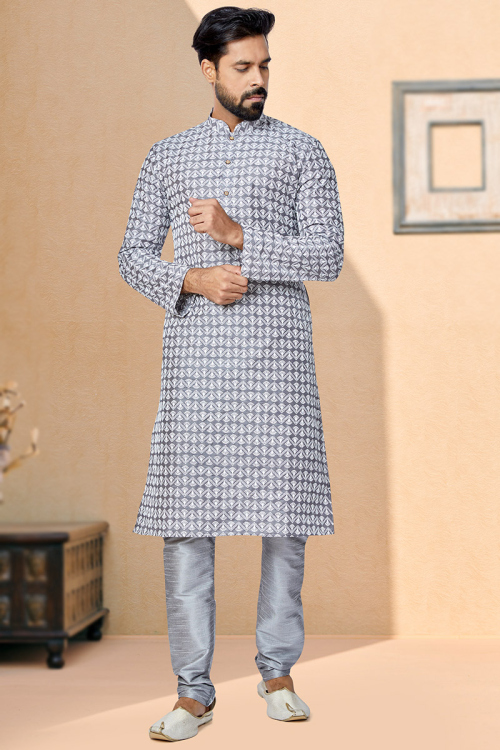 Light Grey Silk Straight Cut Men Kurta Pajama
