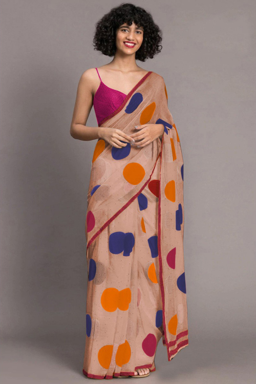 Light Orange Chanderi Saree With Polka Dots