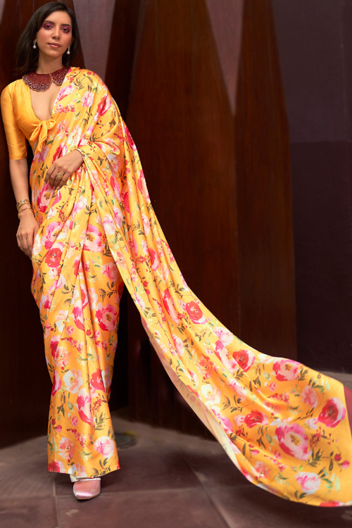 Light Orange Crepe Printed Floral Saree 