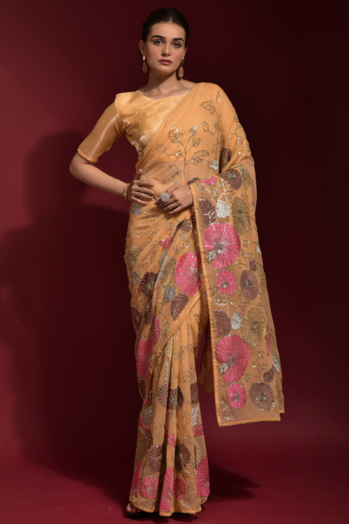 Saree in Light Orange Georgette for Party Wear with Sequins Work