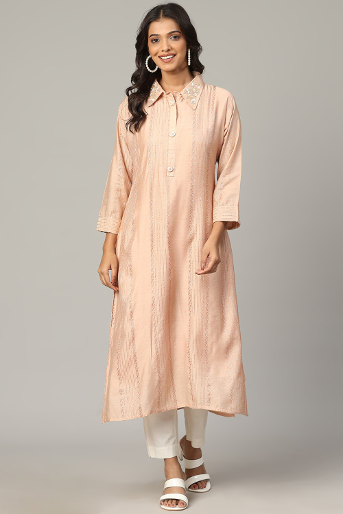 Light Peach Chanderi Silk Embroidered Straight Cut Kurti 
