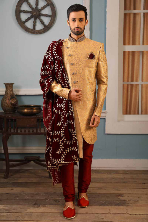 Elegant Zardosi Embroidered Sherwani in Light Peach Silk
