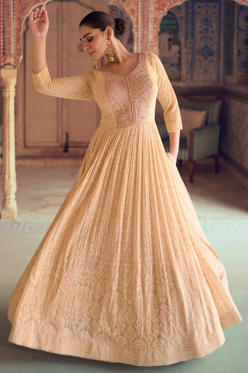 Light Peach Georgette Chikankari Embroidered Anarkali Suit