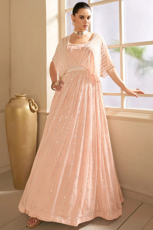 Light Peach Georgette Gown with Mirror Work for Weddings