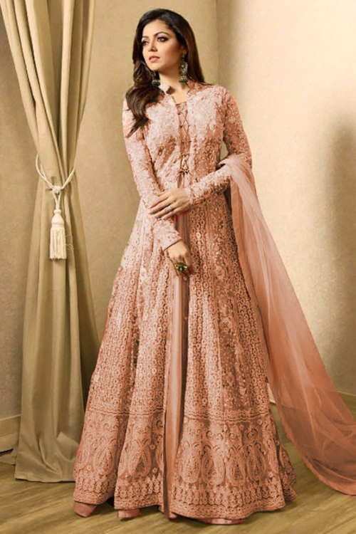 Light Peach Anarkali Style Party Wear Anarkali Suit in Santoon