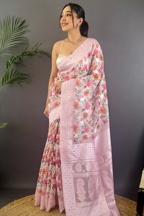 Light Pink Cotton Silk Printed Broad Border Saree