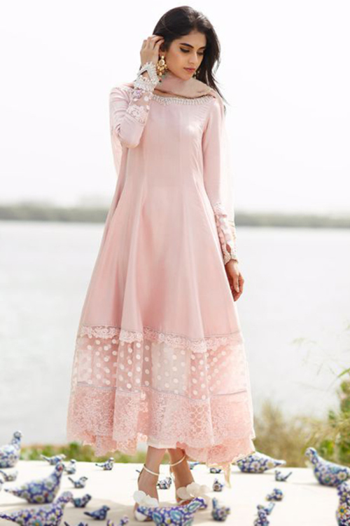 Light Pink Party Wear Lace Embroidered Pakistani Anarkali Style Suit in Georgette