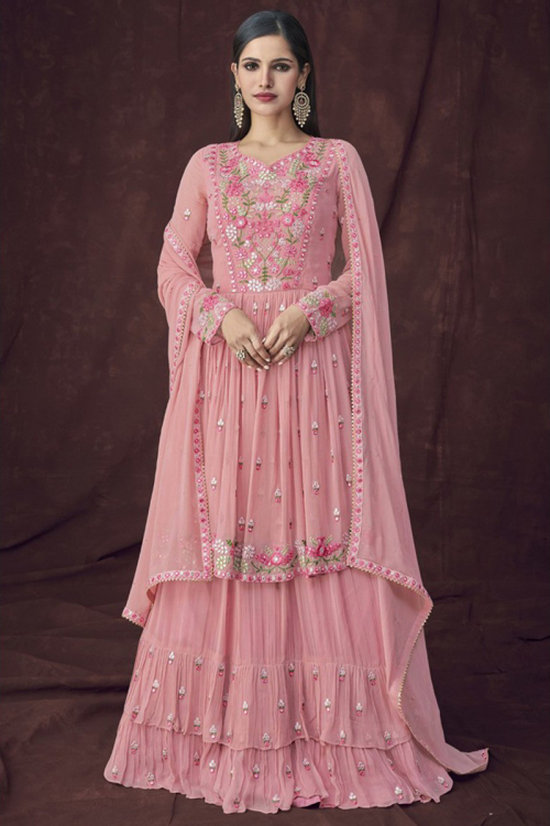 Light Pink Georgette Lehenga with Resham Embroidery for Partywear