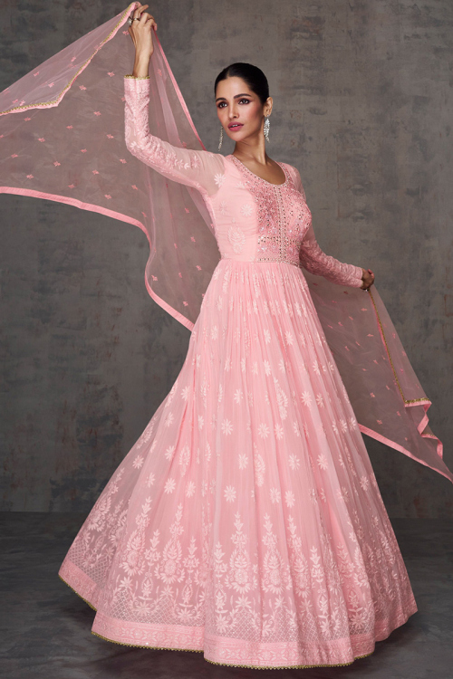 Light Pink Net Embroidered Wedding Wear Anarkali Suit