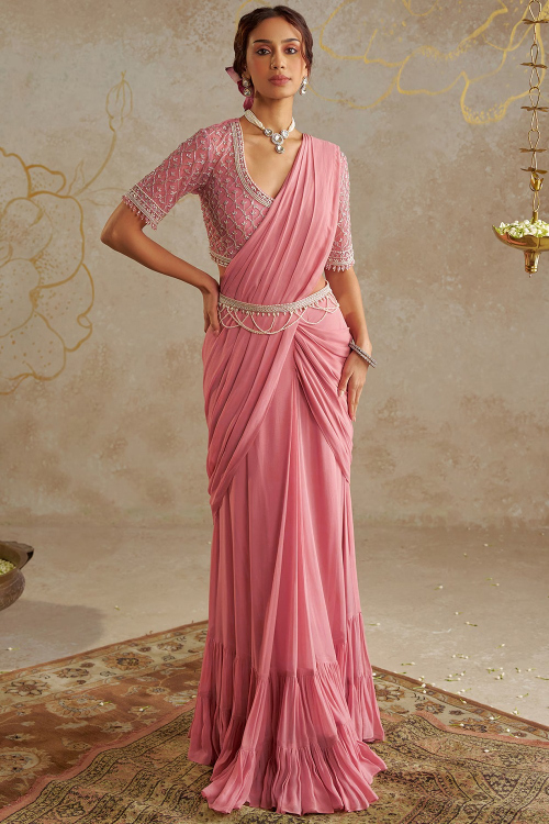 Light Pink Georgette Saree with Pearl Work for Weddings