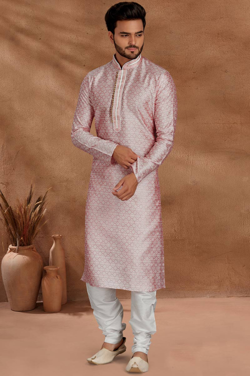 Light Pink Jacquard Straight Cut Men Kurta Pajama