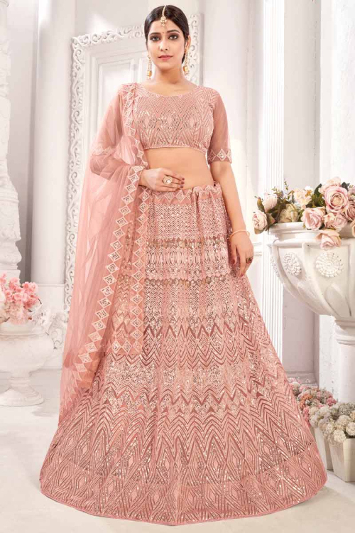 Light Peach Net Embroidered Indian lehenga
