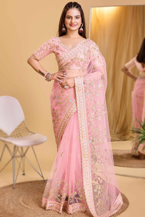 Light Pink Net Embroidered Light Weight Saree