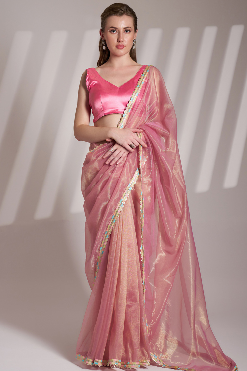 Light Pink Net Embroidered Shimmer Saree