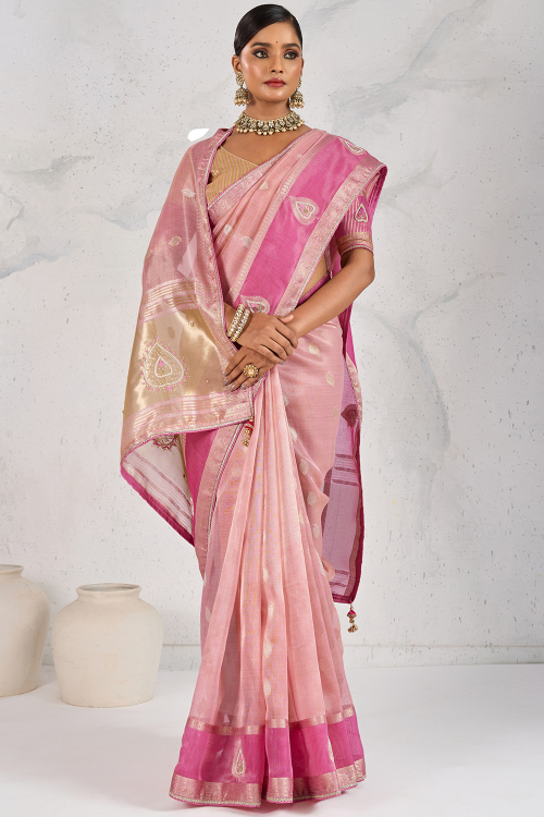 Light Pink Organza Saree With Woven Zari Work For Festival