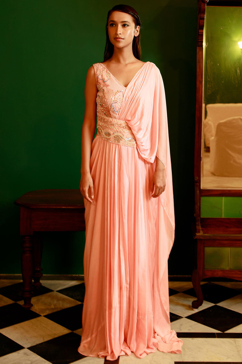 Light Pink Satin Gown with Sequins Work for Wedding