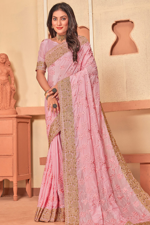 Light Pink Zari Embroidered Crepe Silk Saree For Sangeet 