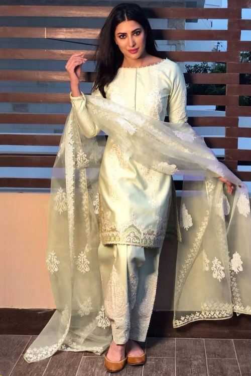 Mint Green Taffeta Pakistani Patiala Salwar Kameez with Peach Dupatta