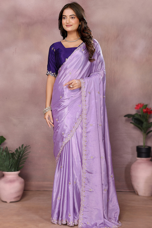 Light Purple Chinnon Saree With Zari Work For Festival 