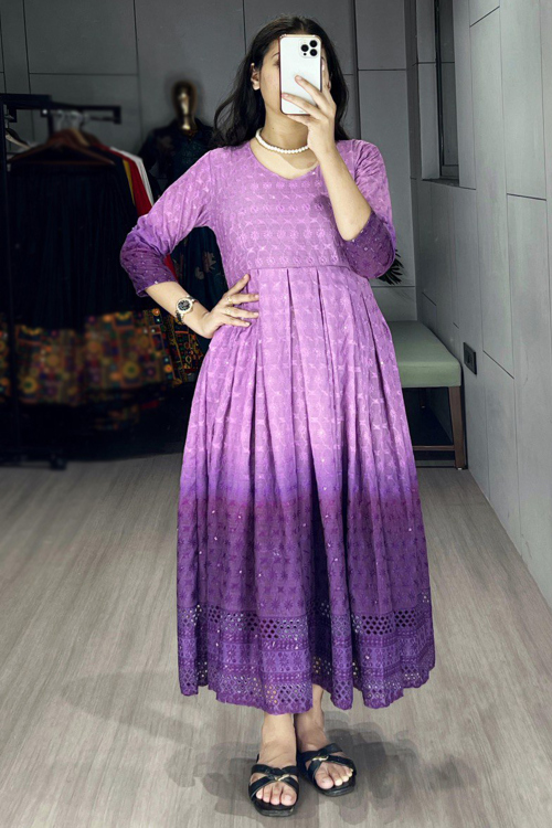 Light Purple Cotton Kurti With Sequins Work For Casual Wear