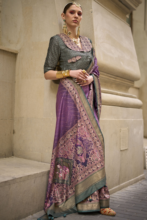 Light Purple Printed Silk Light Weight Saree 