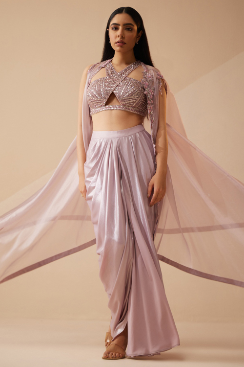 Light Purple Satin Skirt Style Lehenga with Pearl Embellished Crop Top